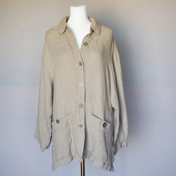 Vintage Liz Sport Liz Claiborne Lagenlook Boho Linen Button Down Shacket Jacket - Picture 9 of 9